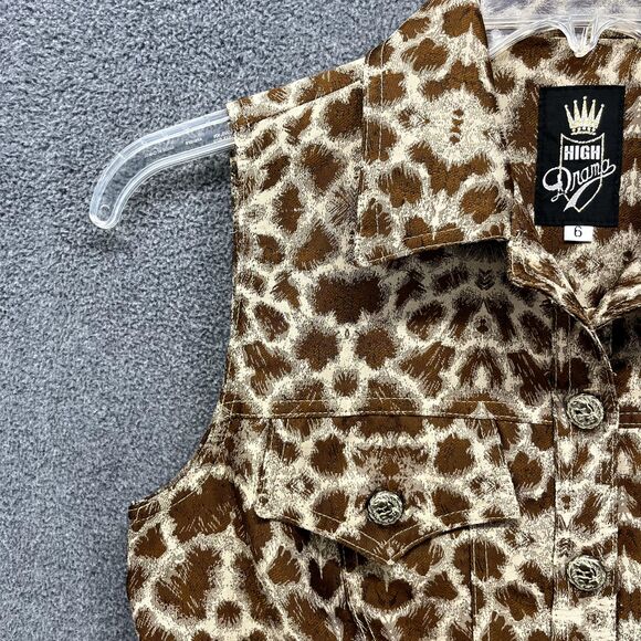 High Drama Vest Women 6 Brown Sleeveless Pockets Button Animal Print - Picture 4 of 16